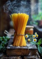 ai gegenereerd rauw spaghetti en bloemen Aan houten tafel foto