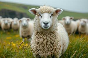 ai gegenereerd schapen staart Bij de camera in veld- van gras met andere schapen in de achtergrond foto