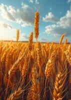 ai gegenereerd tarwe veld- Aan de achtergrond van de blauw lucht foto