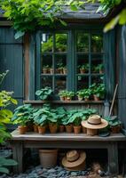 ai gegenereerd houten bank en venster in tuin schuur met rietje hoed en tuinieren gereedschap foto