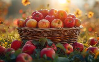 ai gegenereerd mand met rood appels Aan de gras in de boomgaard foto