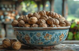 ai gegenereerd walnoten in kom Aan houten tafel foto