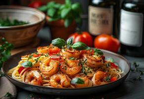 ai gegenereerd heerlijk heet Italiaans pasta met garnalen en tomaat saus Aan bord foto