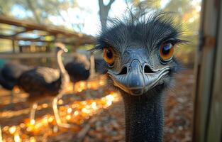 ai gegenereerd struisvogel op zoek Bij de camera foto