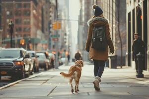 ai gegenereerd vrouw in een modern kleren wandelen wandelen haar hond in de stedelijk buitenkant. generatief ai foto