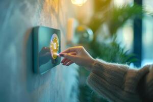 ai gegenereerd hand- instelling de temperatuur Aan de thermostaat in modern huis. generatief ai foto