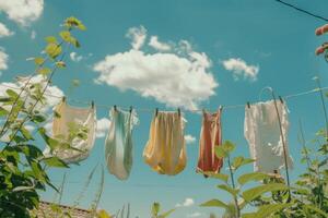 ai gegenereerd droog kleren hangende Aan een wasserij touw buiten met groen planten en een blauw lucht in de achtergrond. generatief ai foto