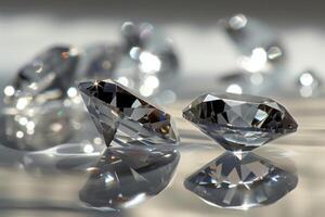 ai gegenereerd gepolijst sprankelend diamanten verspreide Aan een reflecterende oppervlak. kostbaar diamanten stenen. generatief ai foto