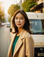 ai gegenereerd foto van mooi Aziatisch vrouw met zonsondergang licht in de buurt vrachtauto en straat stoep, generatief ai