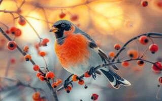 ai gegenereerd goudvink zich overgeven aan in winter bessen foto