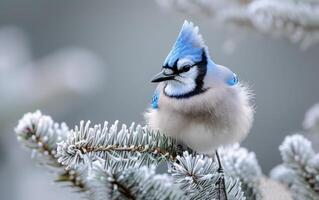 ai gegenereerd een blauw gaai ruches haar veren boven een vorst Laden pijnboom Afdeling foto