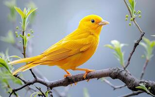 ai gegenereerd een energiek, gouden geel vogel rust met evenwicht Aan een Afdeling foto