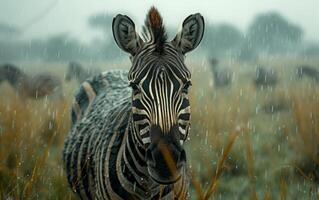 ai gegenereerd regenval Aan de Afrikaanse vlaktes, een zebra blijft alarm foto