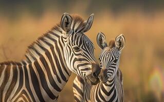 ai gegenereerd in de gouden gloed, een zebra veulen knuffels omhoog naar een volwassen foto