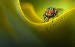 ai gegenereerd een huisvlieg vestigt zich Aan de spiraalsgewijs varenblad van een levendig groen varen foto