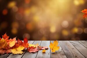 ai gegenereerd herfst bladeren Aan houten tafel tegen houten planken met kopiëren ruimte foto