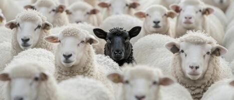 ai gegenereerd staand uit. een kudde van wit schapen met een stoutmoedig zwart schapen in de centrum, symboliseert individualiteit en uniciteit. foto