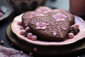 ai gegenereerd chocola koekjes van krassen voor Valentijnsdag dag foto