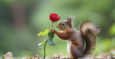 ai gegenereerd een schattig eekhoorn draag- een rood roos voor zijn minnaar. Valentijnsdag dag. foto