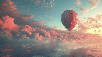 ai gegenereerd een van die kleurrijk heet lucht ballonnen drijvend bovenstaand de water. foto