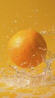 ai gegenereerd oranje fruit Aan de water geïsoleerd Aan geel achtergrond foto