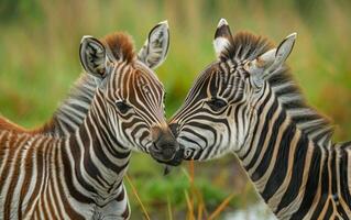 ai gegenereerd een jong zebra veulen Bij haar moeder kant foto