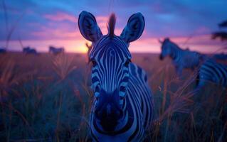 ai gegenereerd Afrikaanse savanne roze zonsondergang sets uit opvallend zebra Kenmerken foto