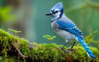 ai gegenereerd blauw gaai resting Aan weelderig mos foto