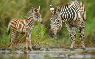 ai gegenereerd een jong zebra veulen Bij haar moeder kant foto