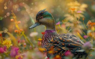 ai gegenereerd glinsterende eend tegen een bloem gevulde instelling foto