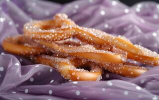 ai gegenereerd pretzels met suiker kristal coating resting Aan Purper kleding stof foto