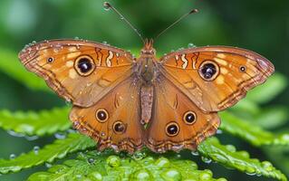 ai gegenereerd beeld van een kastanje bruin vlinder, gepositioneerd Aan groen bladeren foto