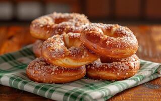 ai gegenereerd nieuw gebakken pretzels verrijkt met knapperig amandel stukjes en glinsterend suiker foto