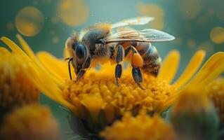 ai gegenereerd een macro visie van een bij oogsten nectar van de levendig geel van een zonnebloem foto