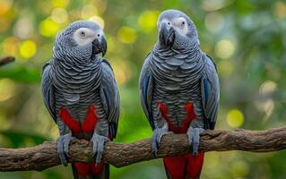 ai gegenereerd een paar- van Afrikaanse grijs papegaaien neergestreken Aan een Afdeling in hun natuurlijk milieu foto