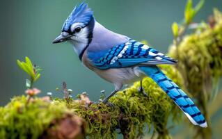 ai gegenereerd blauw gaai zittend Aan levendig mos foto