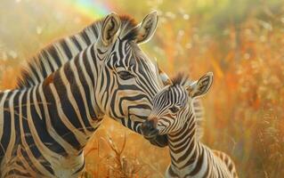 ai gegenereerd in de gouden gloed, een zebra veulen knuffels omhoog naar een volwassen foto