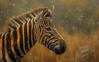ai gegenereerd een waakzaam zebra temidden van regen Aan de Afrikaanse grasland foto