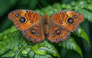 ai gegenereerd rijk bruin vlinder met uitwerken oog patronen Aan de Vleugels, geregeld Aan groen foto