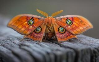 ai gegenereerd een charmant Roest rood mot, opscheppen oog patronen Aan haar overladen Vleugels foto