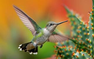 ai gegenereerd briljant robijn keel kolibrie stijgend bovenstaand aloë botanicals foto