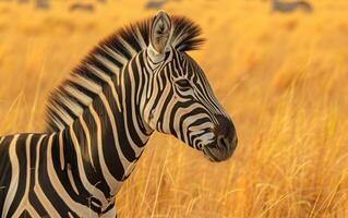 ai gegenereerd een zebra verschijnt temidden van de gouden grasland van de savanne foto