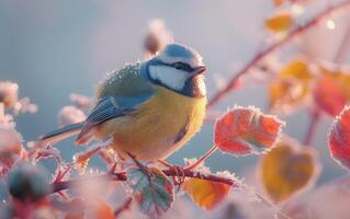 ai gegenereerd een blauw tit complementen een roos gehuld in vorst foto