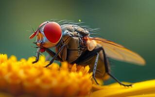 ai gegenereerd hoog resolutie beeld van een huisvlieg Aan een geel bloemen oppervlakte foto