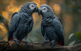 ai gegenereerd paar- van Afrikaanse grijs papegaaien neerstrijken van nature Aan een boom Afdeling foto