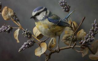 ai gegenereerd blauw tit vogel gesteld sierlijk Aan lavendel foto