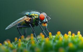 ai gegenereerd een ingewikkeld macro beeld vastleggen een huisvlieg voorzichtig onderhouden haar vleugel tussen weelderig groen foto