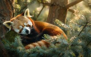 ai gegenereerd een sereen siësta voor een rood panda temidden van de groen naalden van een pijnboom foto