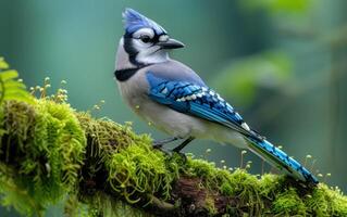 ai gegenereerd blauw gaai neerstrijken Aan dicht mos foto