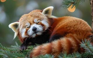 ai gegenereerd een rood panda krullen omhoog voor een kalmte snooze tussen de weelderig groen van een pijnboom boom foto